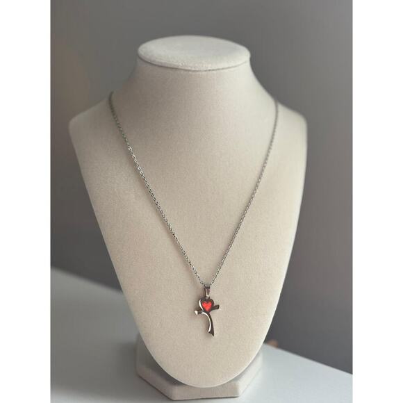 unbrand Jewelry - Cross Necklace Red Heart Pendant Silver Stainless Steel Minimal Jewelry